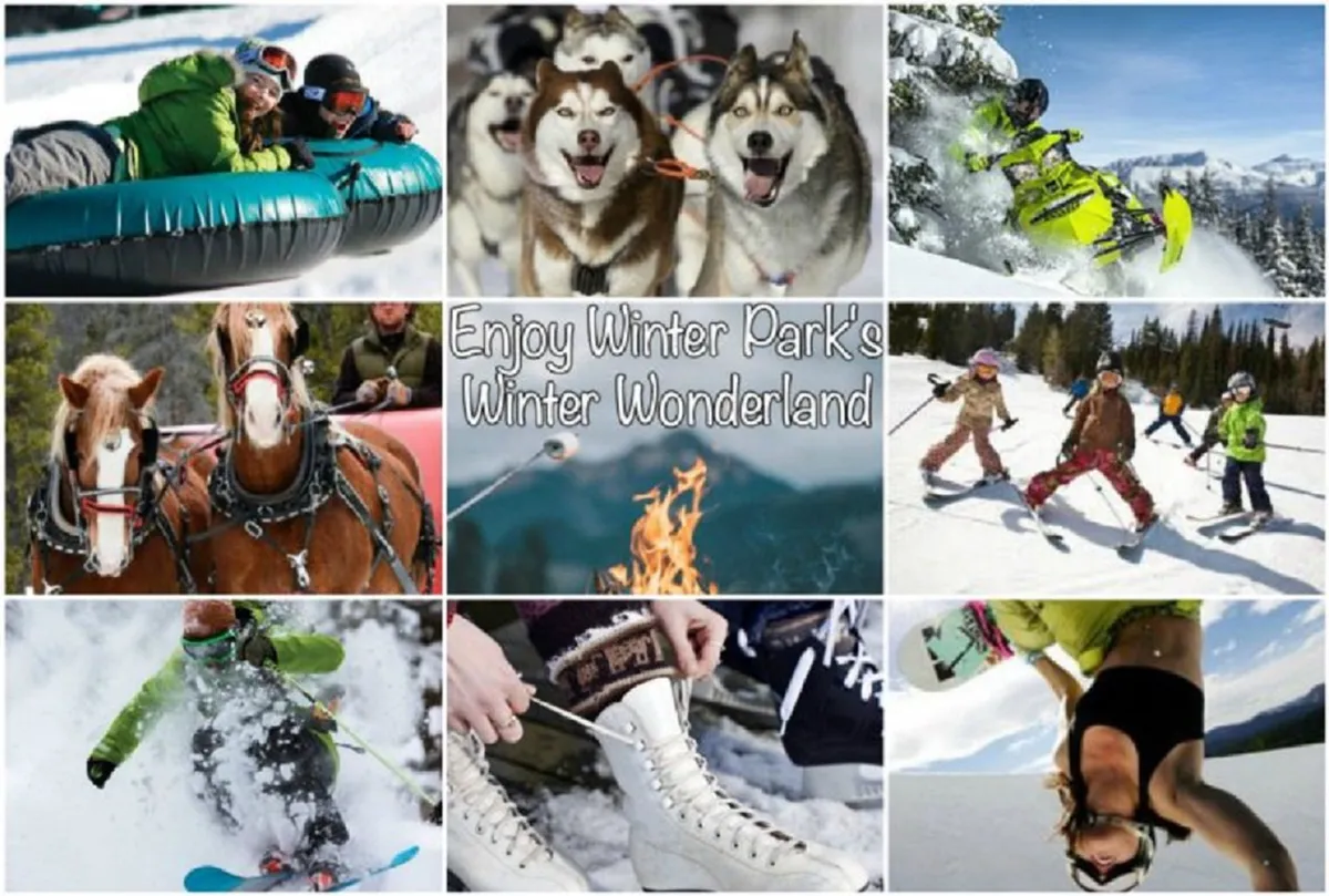 A lively winter scene featuring people tubing on snow, huskies for dog sledding, snowmobiles, a horse-drawn sleigh, children learning to ski, and ice skates and skis set near a crackling fire. The setting exudes the fun and excitement of family-friendly winter activities.