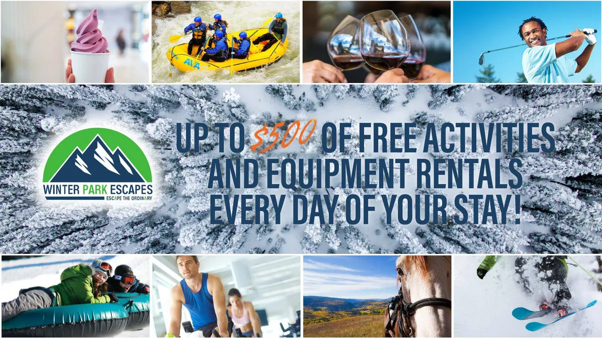 This vibrant exterior collage displays a variety of outdoor activities including white-water rafting on a river, skiers enjoying powdery slopes, golfers on a scenic green, horseback riders on a trail, and visitors savoring ice cream and wine tasting. The image captures the spirit of adventure and the diversity of complimentary experiences available in the region.