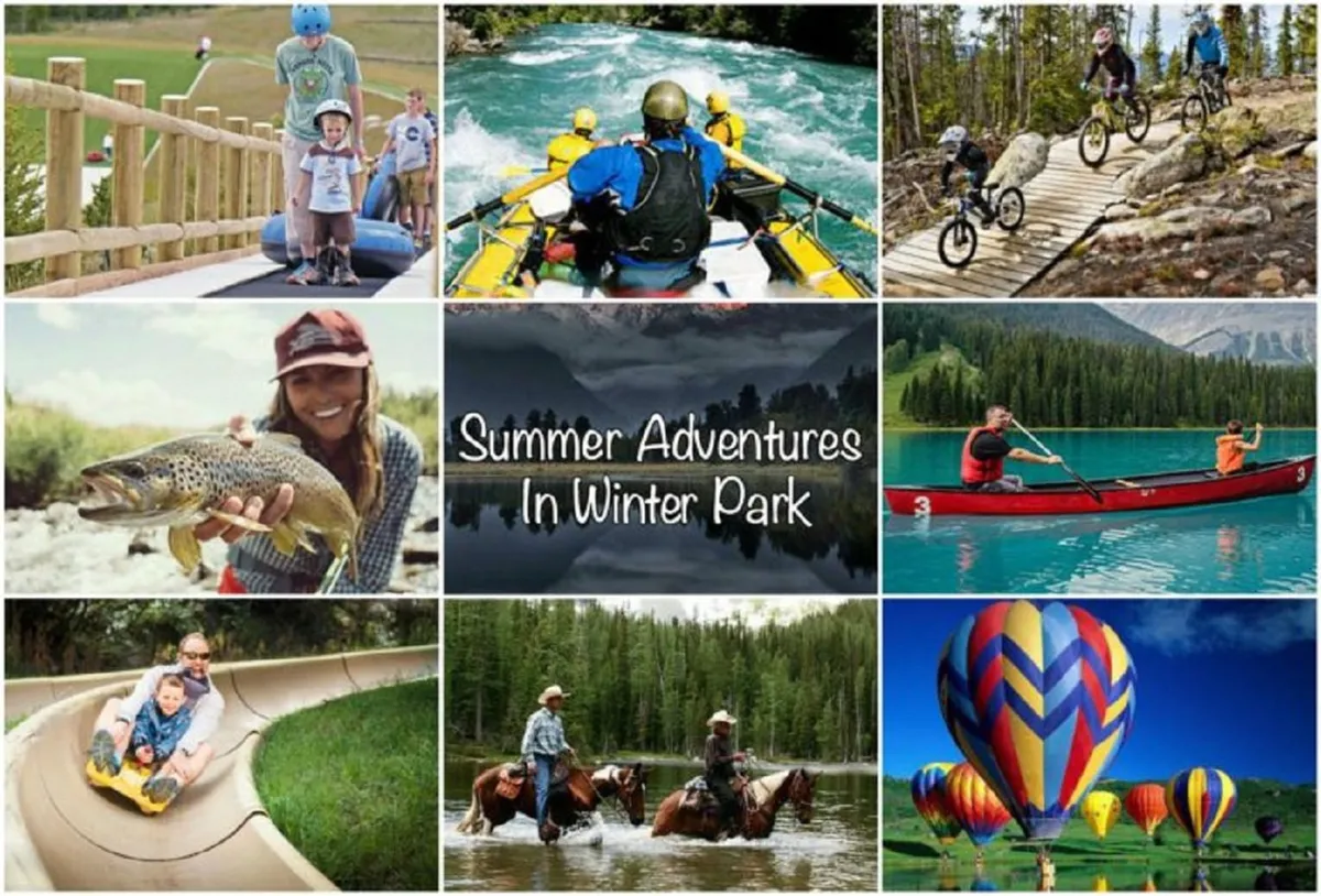 Families are seen enjoying an array of outdoor adventures in a vibrant landscape with scenic mountains in the background. Activities such as rafting, biking, fishing, kayaking, tubing, horseback riding, and even hot air ballooning are featured, showcasing the area's appeal in the warmer months.